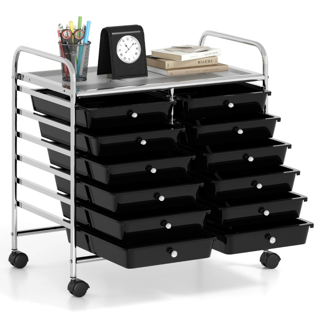 Carrello portaoggetti con 12 cassetti e ampio piano di lavoro, Cassettiera con 4 ruote per soggiorno e cucina Nero-Carrelli