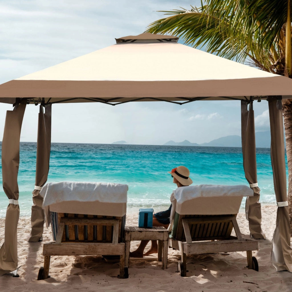 Tenda a baldacchino 4x4m con tetto a 2 livelli tessuto oxford altezze regolabili, Gazebo per cortile patio Marrone-Gazebo