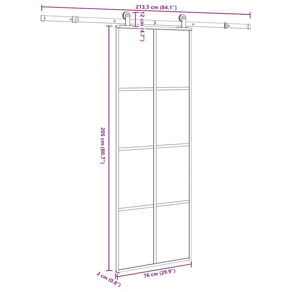 Porta Scorrevole con Ferramenta 76x205cm Vetro ESG Alluminio 3332888
