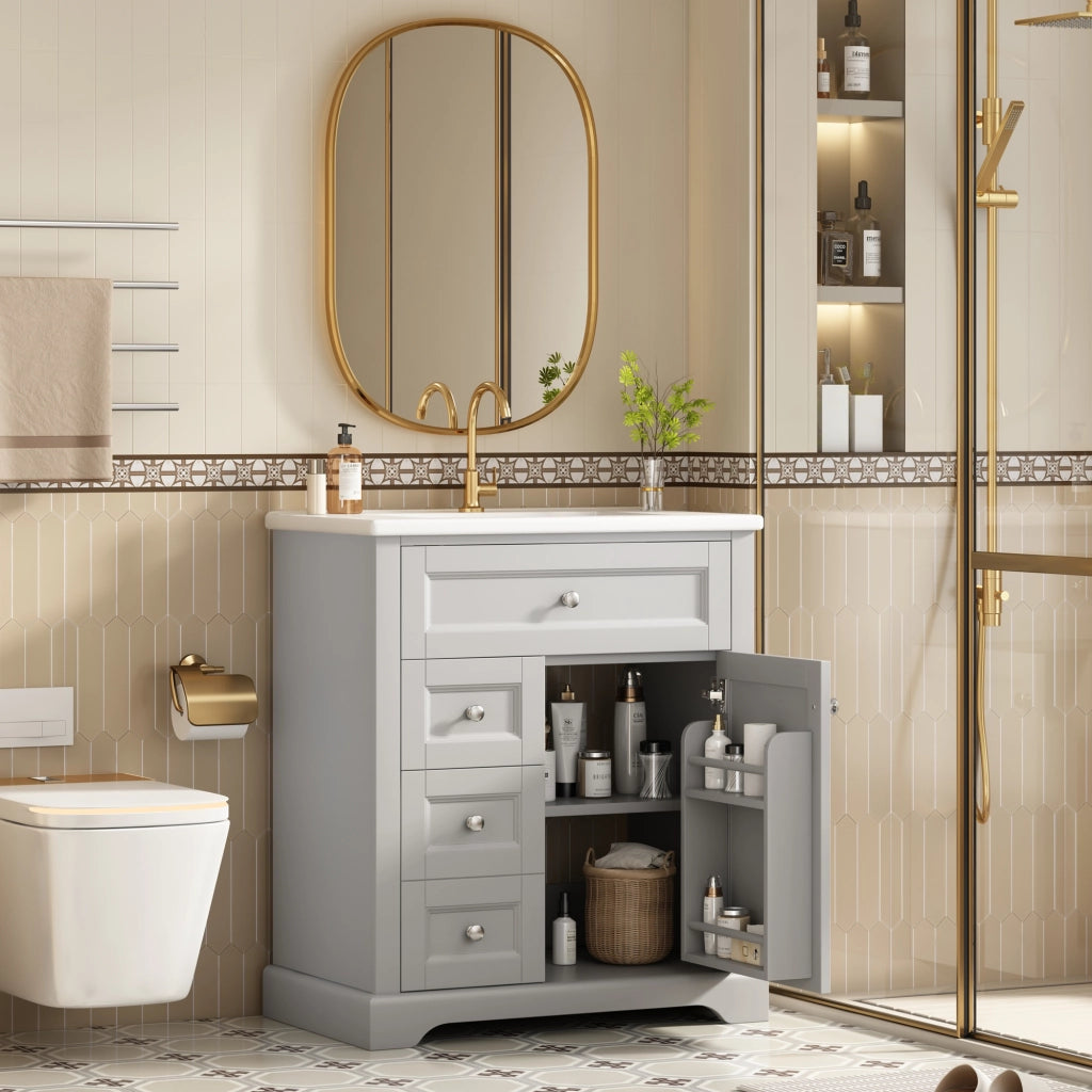 Mobile sottolavabo con lavabo in ceramica, 1 anta, 3 cassetti e ripiani, per bagno, grigio, 76 × 46 × 87 cm