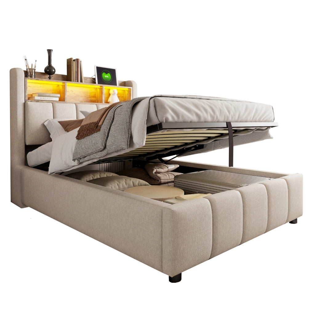 Letto imbottito 90x200 cm beige con LED, USB-C e contenitore