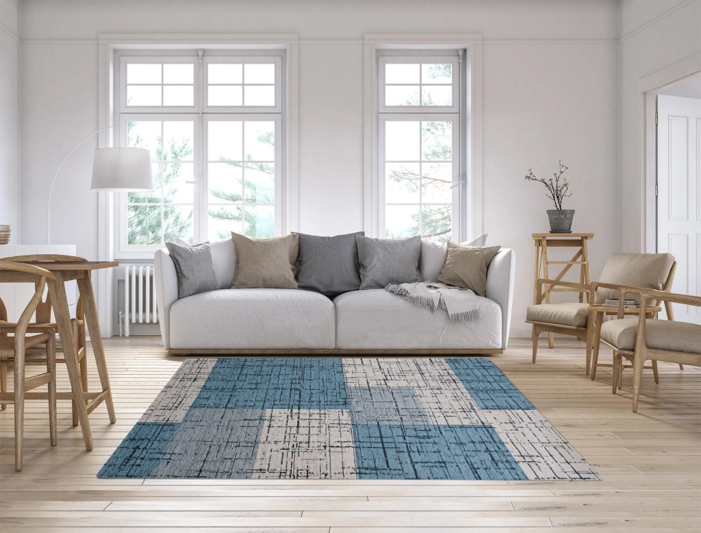Tappeto Arredo Moderno Morbido in Ciniglia Ingresso Antiscivolo Prodotto Italiano  Soggiorno Camera Salotto Disegni Piazzati Cotone Varie Misure Grande Mondrian/Azzurro - 140x200 cm