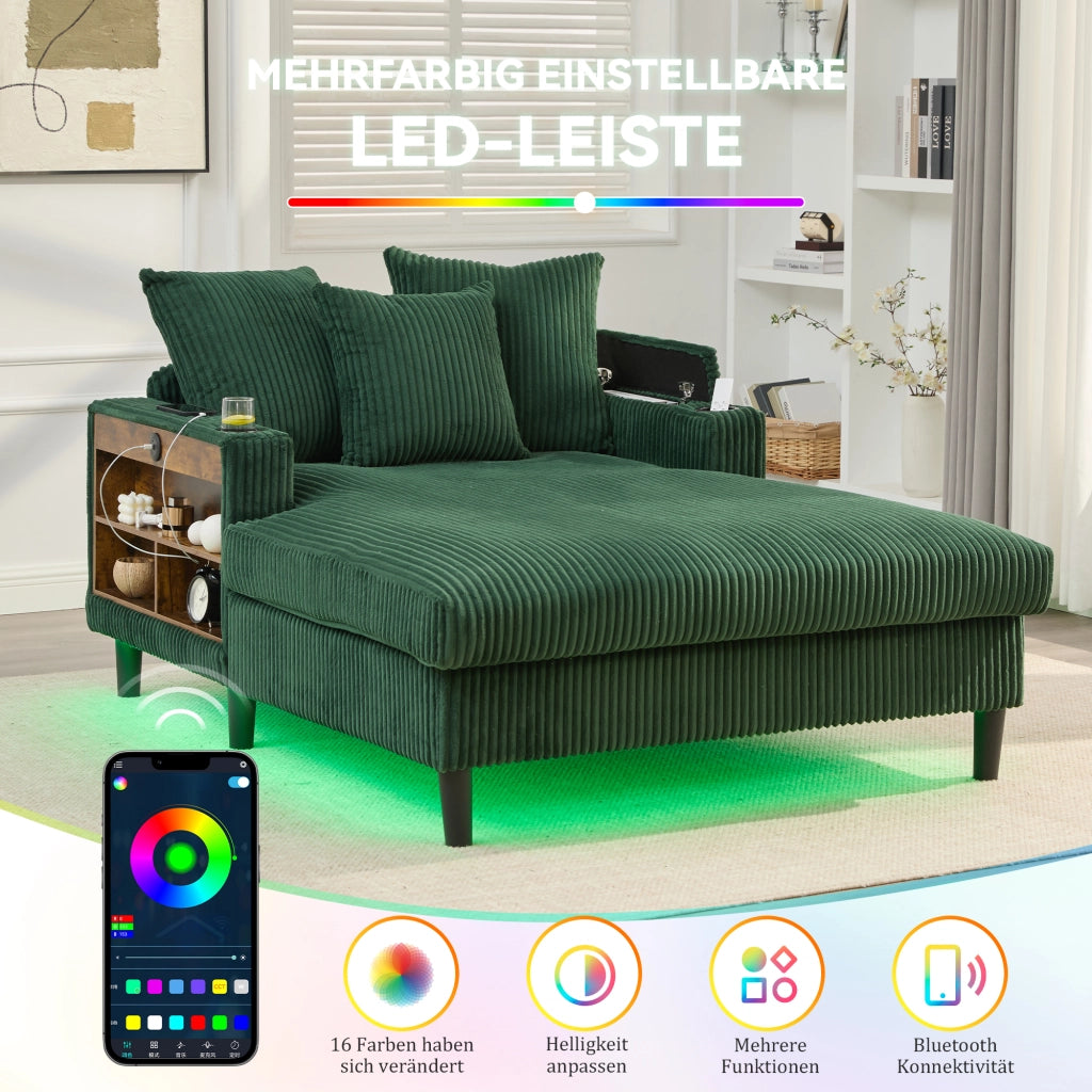 Méridienne multifunzione con LED, porta bicchieri, tasca laterale, vano portaoggetti e USB, in velluto a coste verde smeraldo
