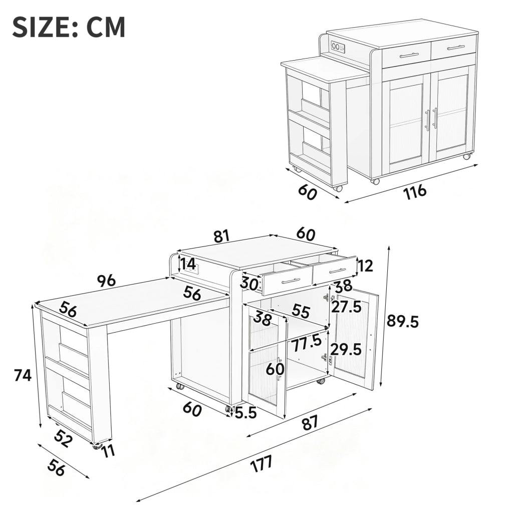 Isola da cucina con piano estraibile 116/177 cm; prese EU e porte USB; nero