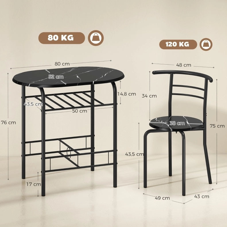 Set tavolo da pranzo con 2 sedie e ripiano effetto marmo nero