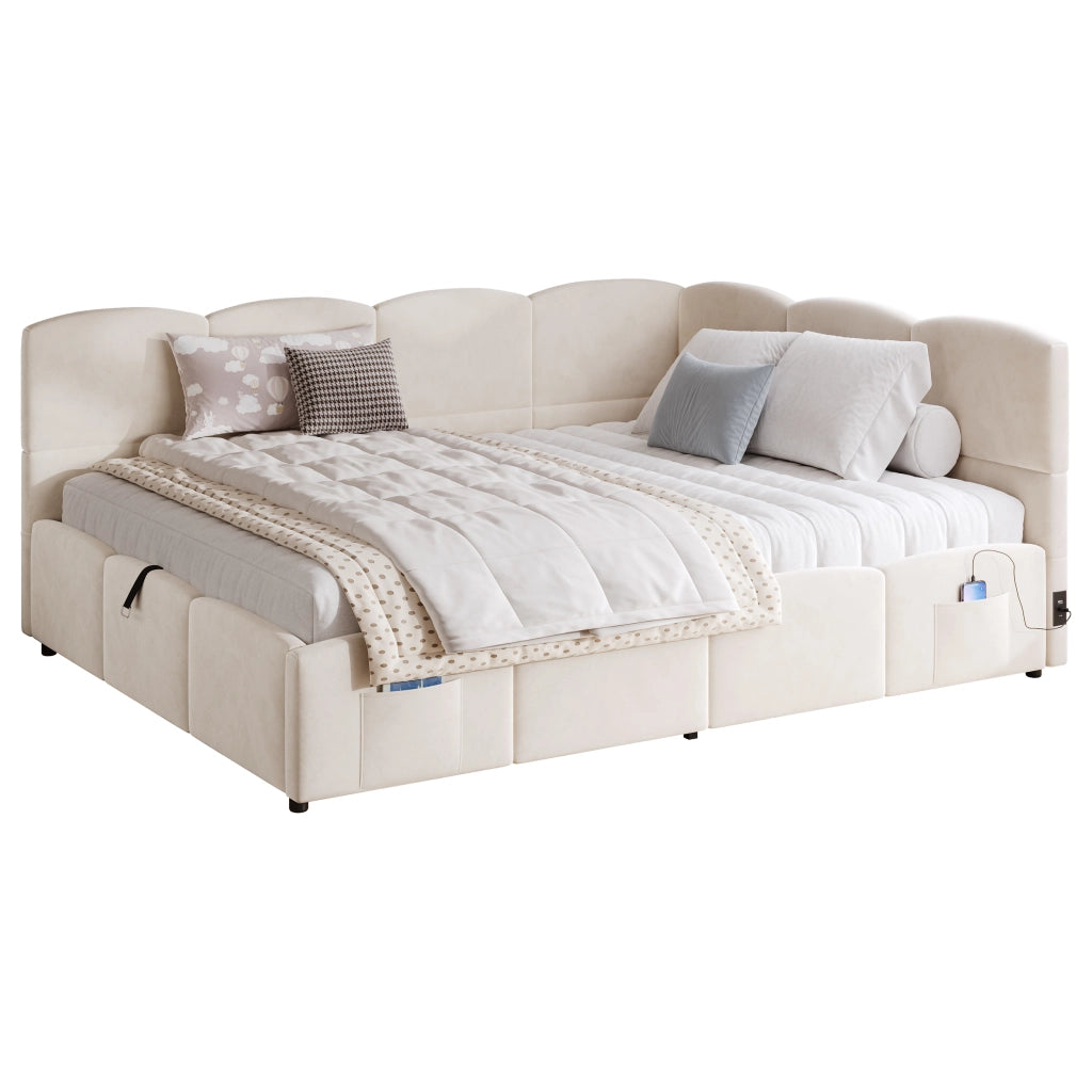 Letto Imbottito Contenitore Singolo in Velluto ¨C MINIMAL ¨C Beige 140x200 cm con Rete a Doghe