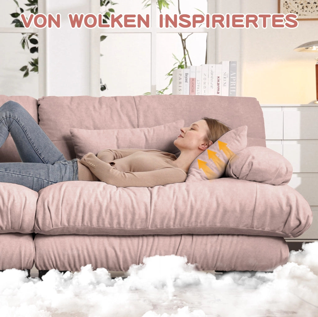 Divano angolare Cloud in chenille rosa con pouf e cuscini lombari per il soggiorno