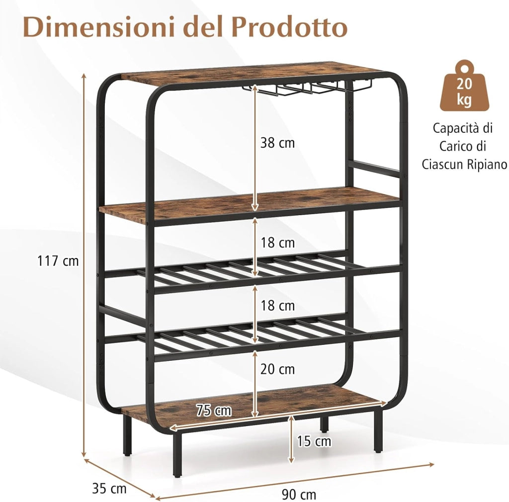 Scaffale per bottiglie a 5 ripiani, autoportante per 16 bottiglie, portabottiglie con supporto in vetro, 3 ripiani in legno e telaio in metallo, portabottiglie per vino, cucina, bar, soggiorno