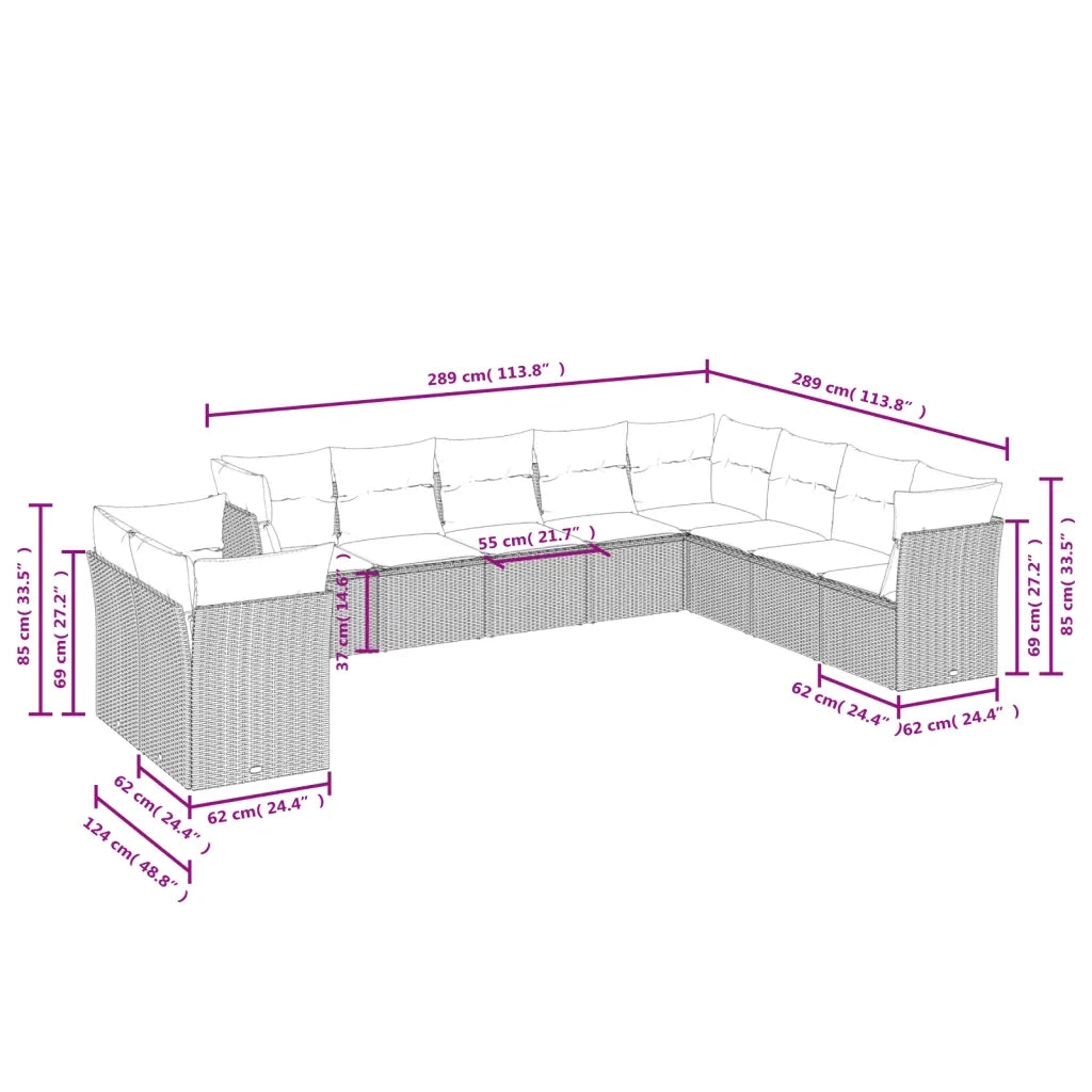 Set Divano da Giardino 10 pz con Cuscini Grigio in Polyrattan 3217860
