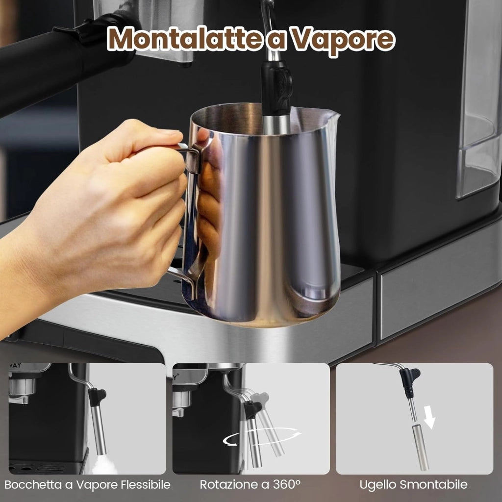 1200W Macchina da Caffè Professionale, Macchina per Espresso 20 Bar con Montalatte a Vapore, in Acciaio Inox per Cappuccino Latte Macchiato, 26 x 21 x 28 cm