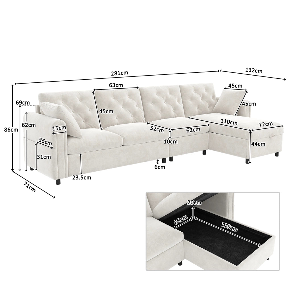 Divano angolare letto con contenitore e tasche laterali in velluto beige