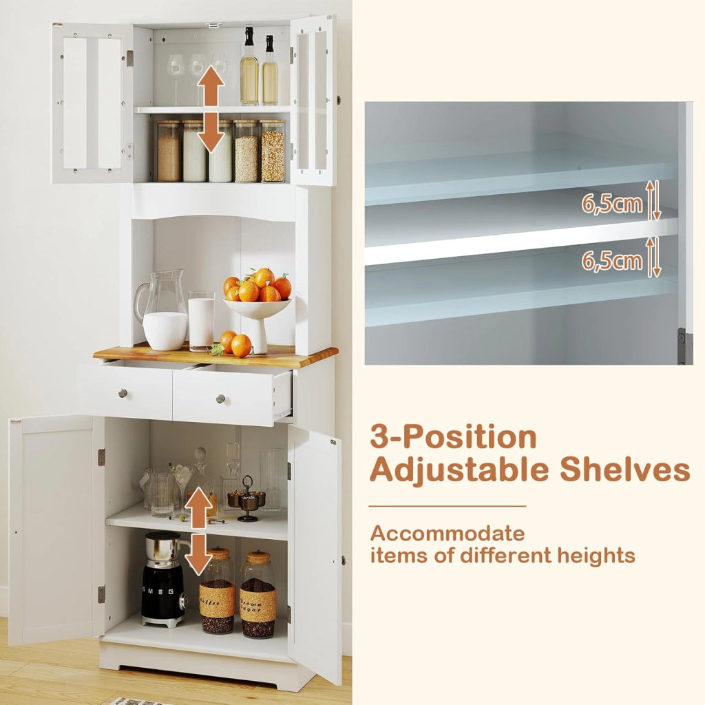 Mobile Dispensa da Cucina, Armadio di Stoccaggio Autonomo con Credenza e 2 Cassetti, Ripiani Regolabili, Ampio Spazio per Forno a Microonde, 2 Colori, 68,5 cm x 40,5 cm x 170 cm (Bianco)