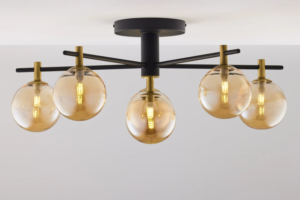 Plafoniera FIGARO Jupiter nera oro, 6 sfere ambra G9