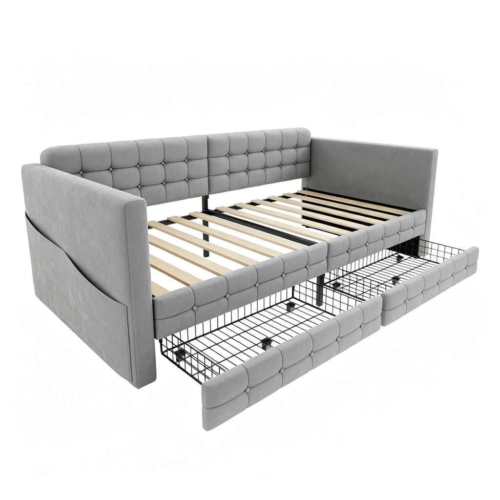 Letto imbottito 90x190 cm con testiera capitonn¨¦, 2 cassetti e tasche laterali, velluto grigio chiaro