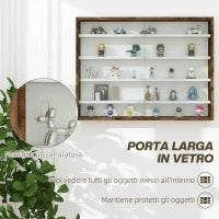 Bacheca Portaoggetti a 4 Ripiani Regolabili, Vetrina a Muro in Vetro e Legno, 80x9.5x60 cm, Marrone