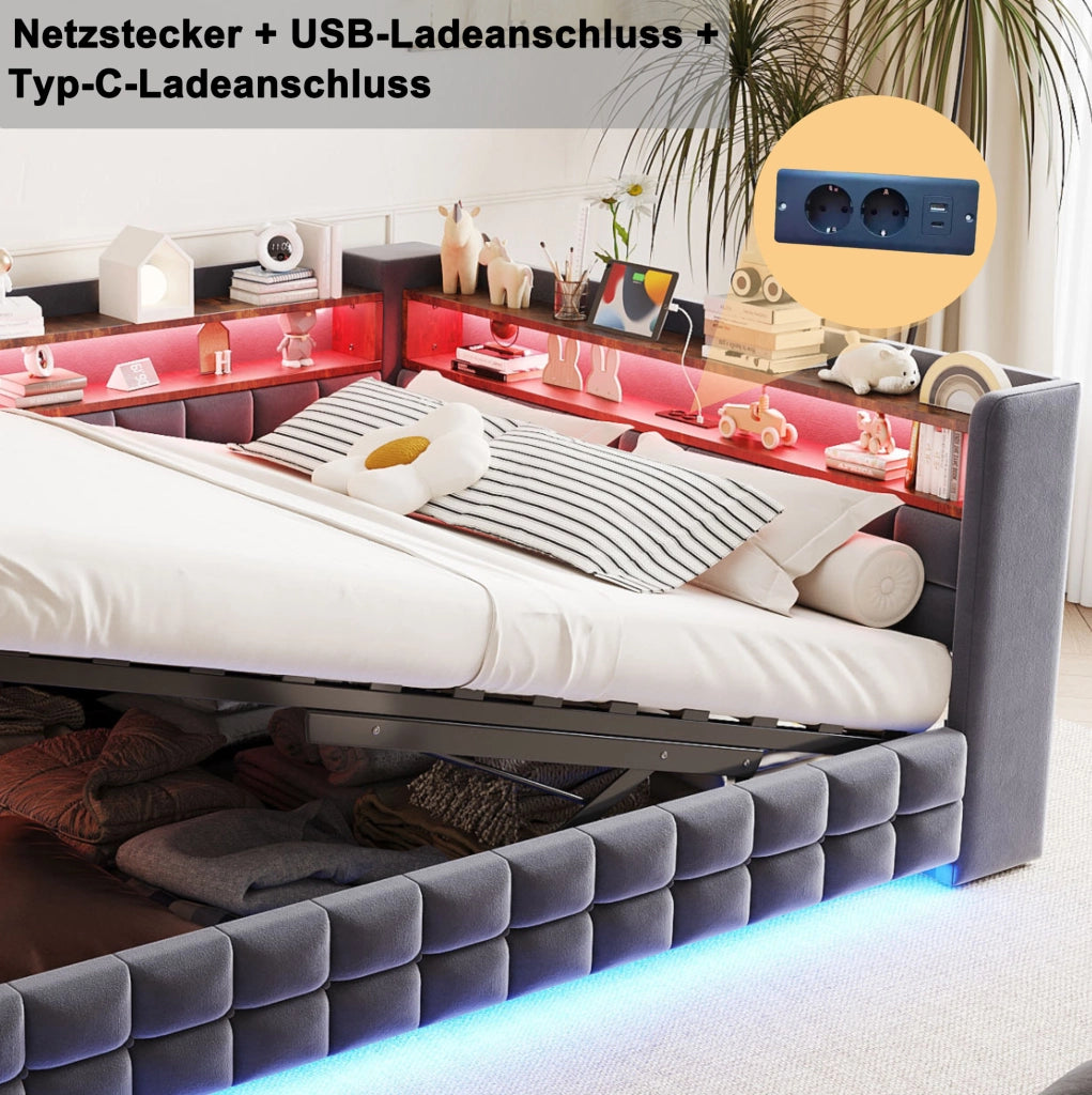 Divano letto imbottito con contenitore; LED; prese USB e Type-C; 140x200 cm; grigio