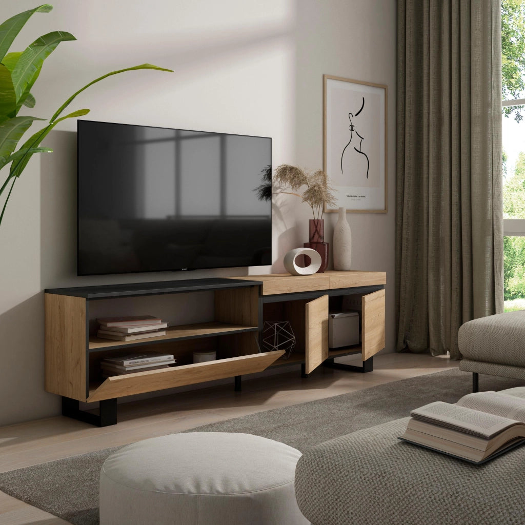 Mobile TV, 200x35x57cm, soggiorno, Per TV fino a 80", Design industriale, colore Rovere e nero RF2143