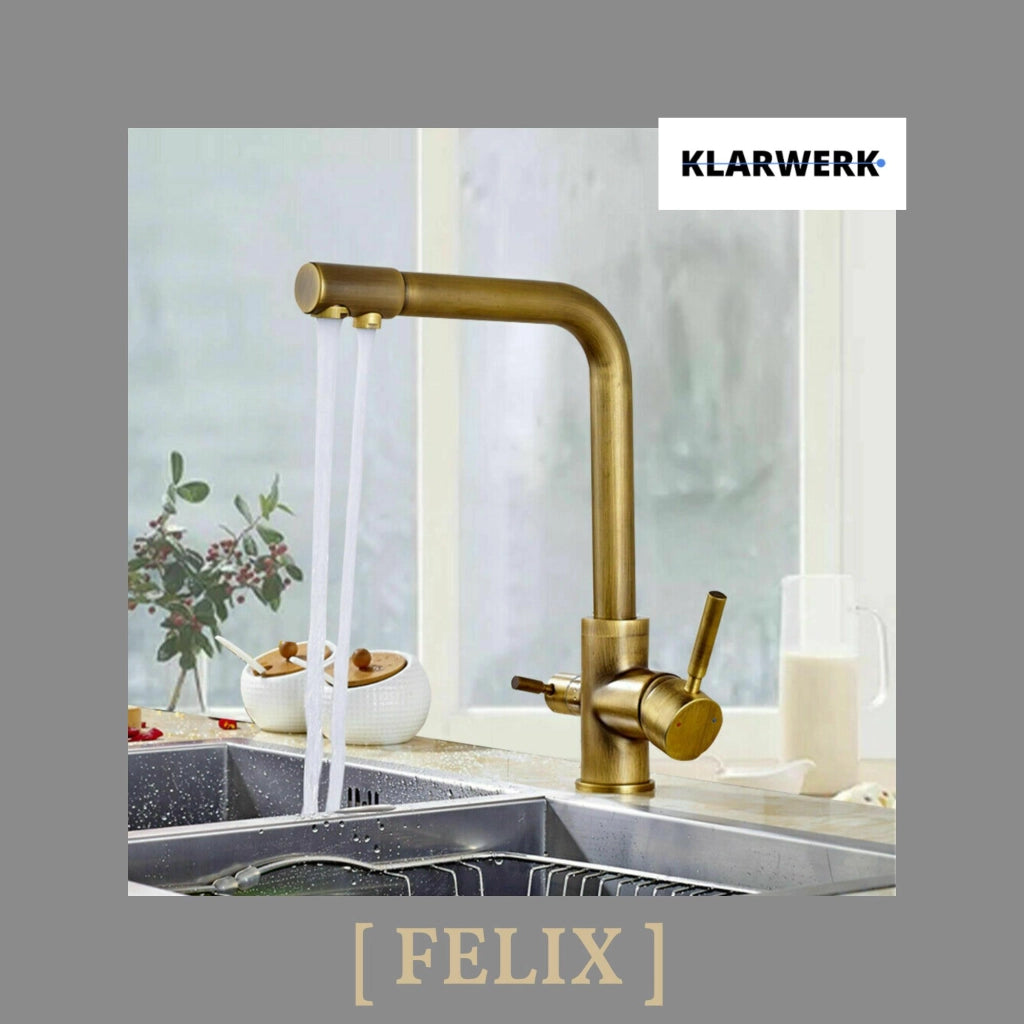 Felix |rubinetto a 3 vie in ottone dorato retrò per l'acqua potabile|osmosi vintage in acciaio inox la cucina|miscelatore - 360° filtro 3 connessioni