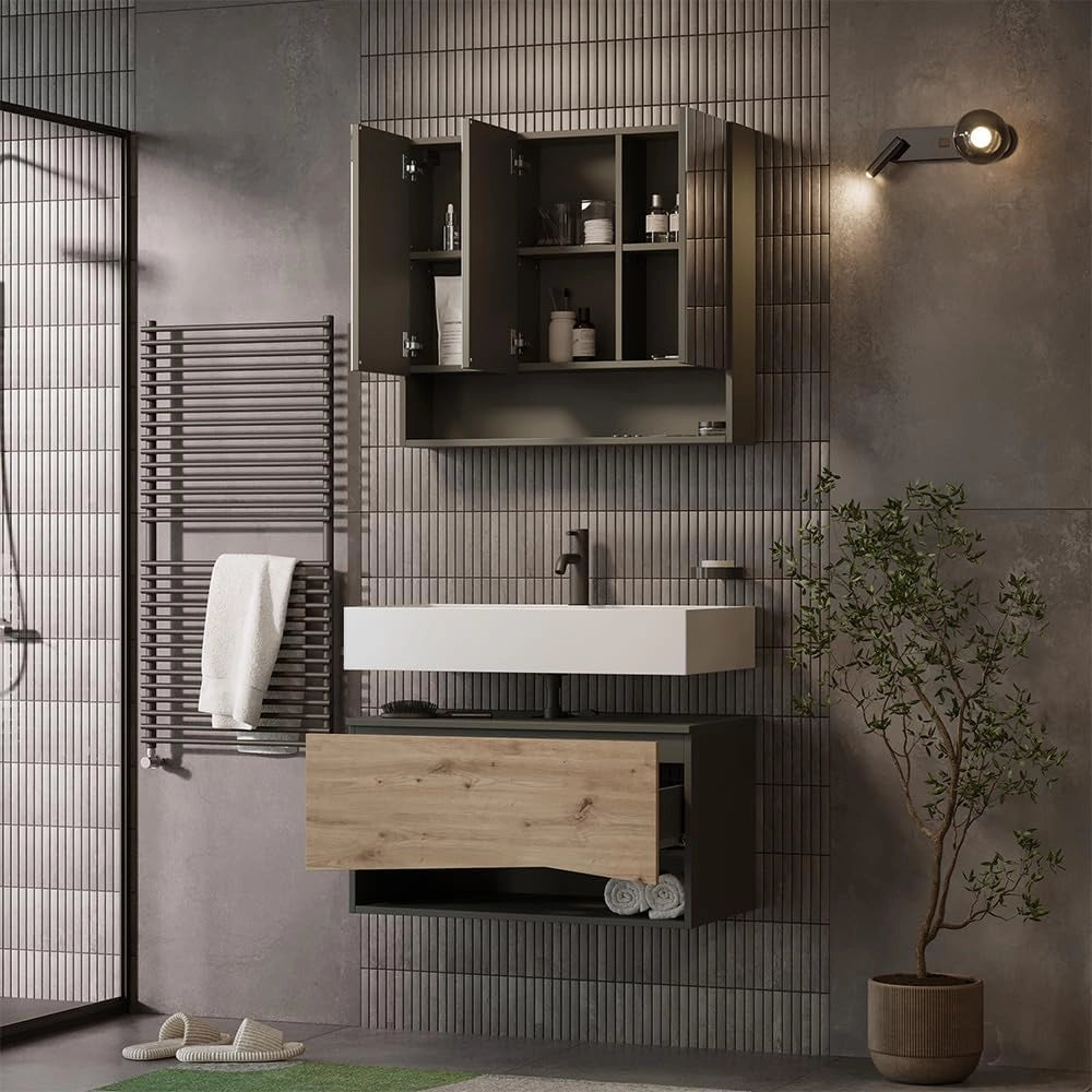 Set di mobili da bagno Willow, Artigiano, 80 cm, composto da specchio da bagno e mobile sottolavabo