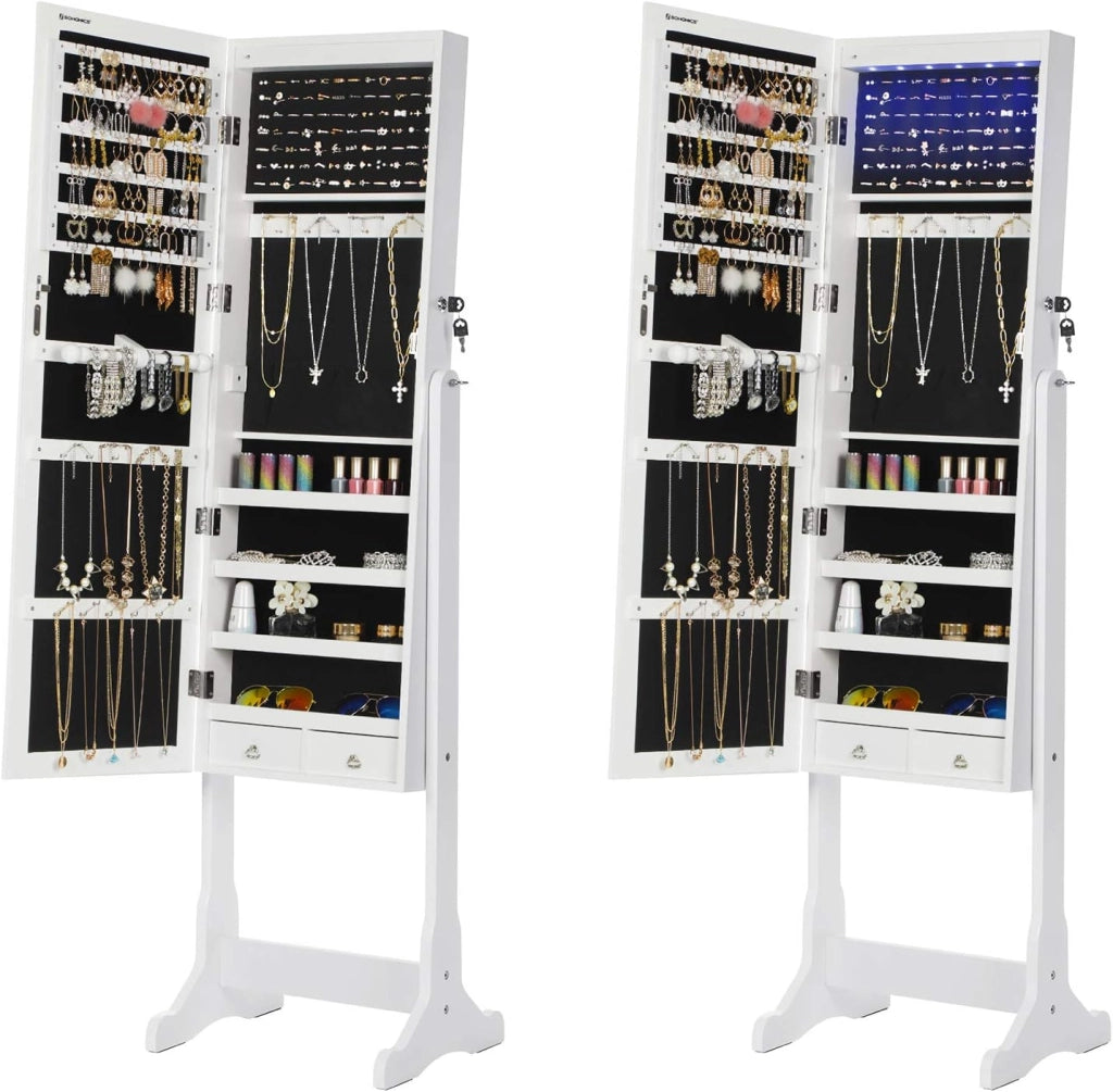 SONGMICS Armadio Portagioie con Luce a LED, Specchiera, Armadietto per Gioielli Bloccabile con Chiavi, 2 Cassetti, Bianco JBC94W
