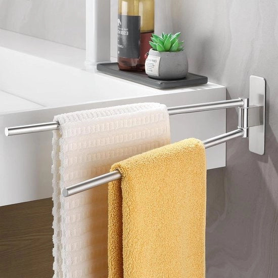 Sostegno per asciugamano doppio senza perforazione - Maniglia per asciugamano regolabile - Sostegno autoadesivo per asciugamano da bagno - Per bagno cucina - Argento - 40 cm