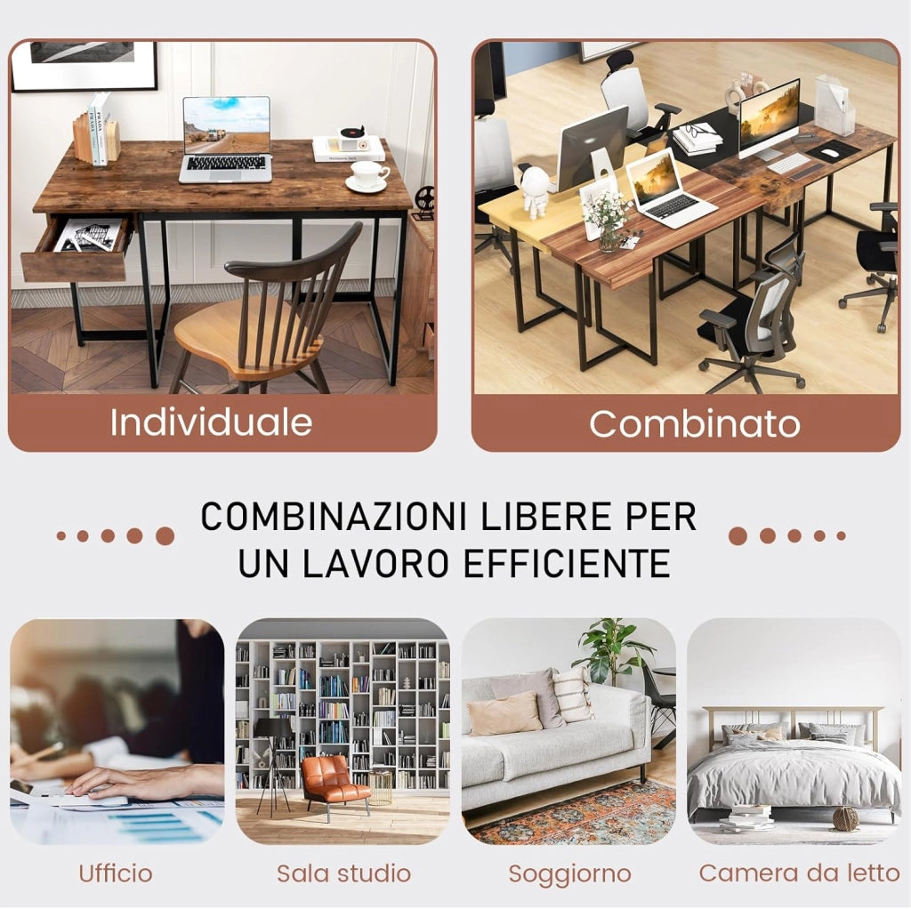 Scrivania per Computer con Cassetto, Scrivania per Ufficio con Struttura in Metallo, Ampio Piano 120 x 55 cm e Piedini Regolabili, 120 x 55 x 75 cm (Marrone Rustico)