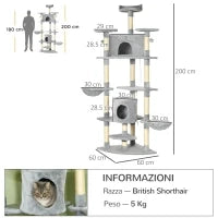 Albero Tiragraffi per Gatti Alto con Casette e Amache, 60x60x200cm, Grigio Chiaro