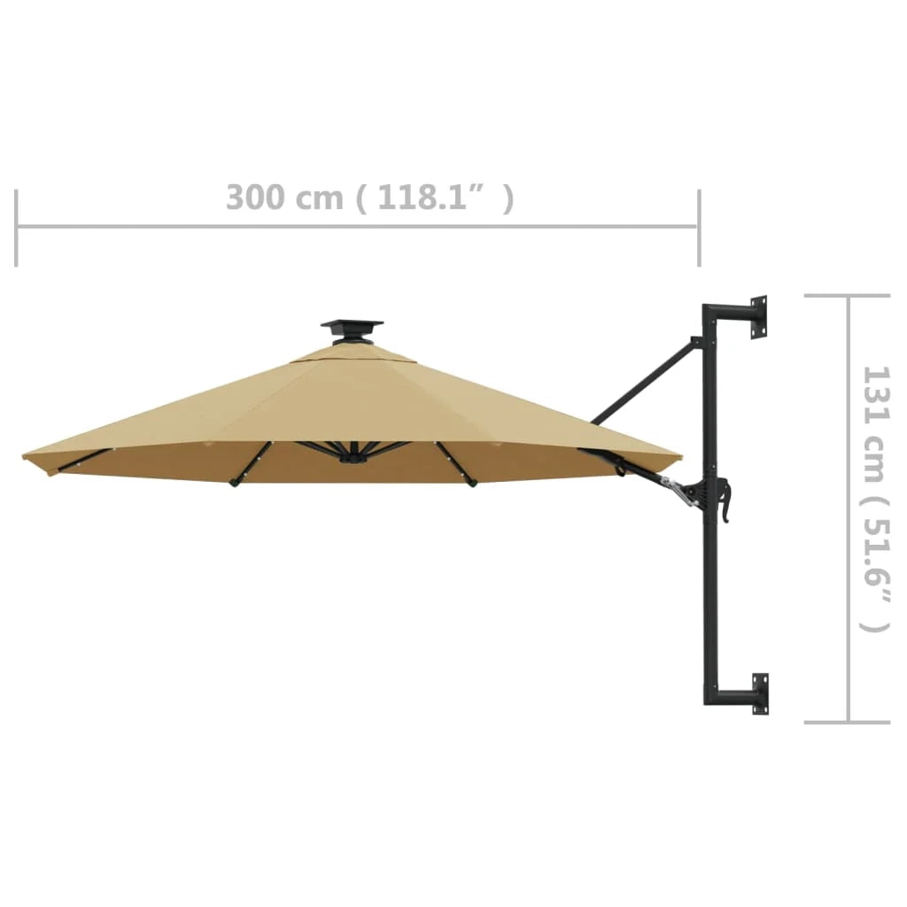 Ombrellone da parete con palo in metallo e illuminazione a LED 300 cm tortora 02_0008695