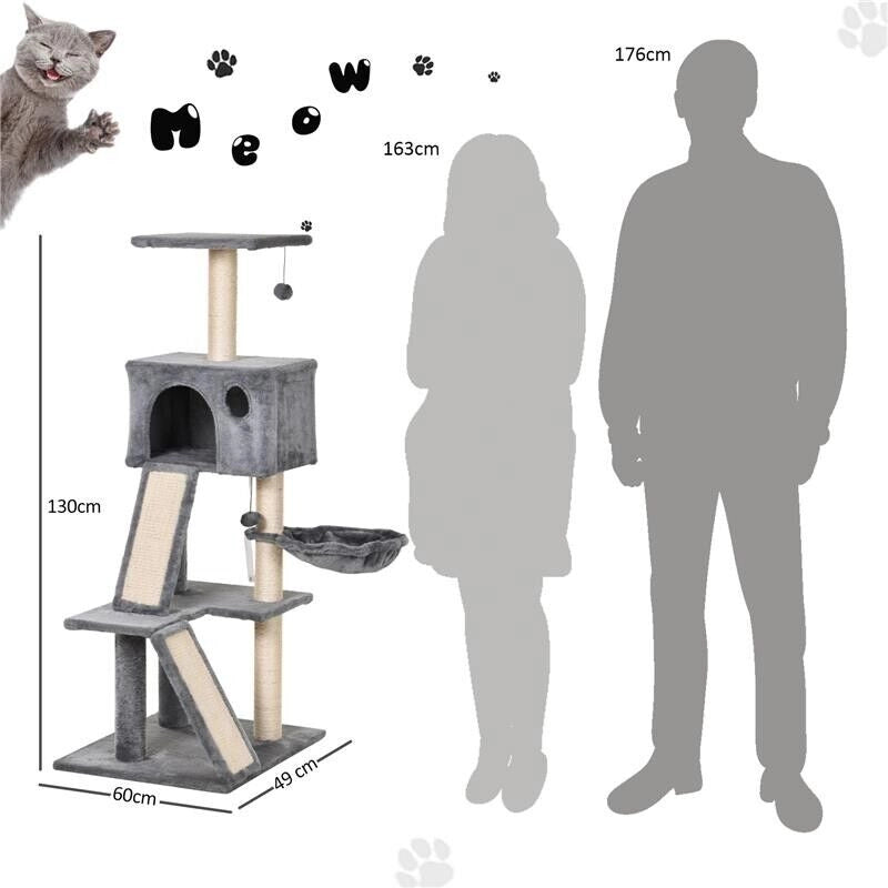 ALBERO TIRAGRAFFI ACCESSORIATO CON CUCCIA LETTINO SOSPESO E 2 PEDANE IN PELUCHE GRIGIO