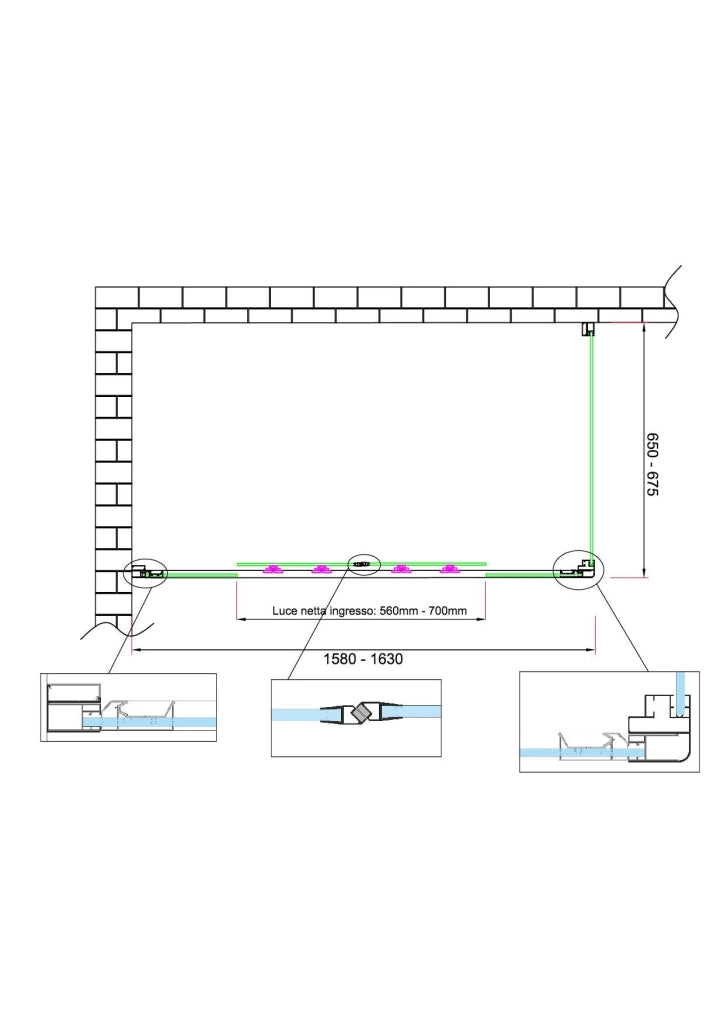 Box doccia 6 mm H 190 parete fissa e porta a 4 ante con apertura centrale MISURA 65-67,5 ANTA FISSA + PORTA 158-163