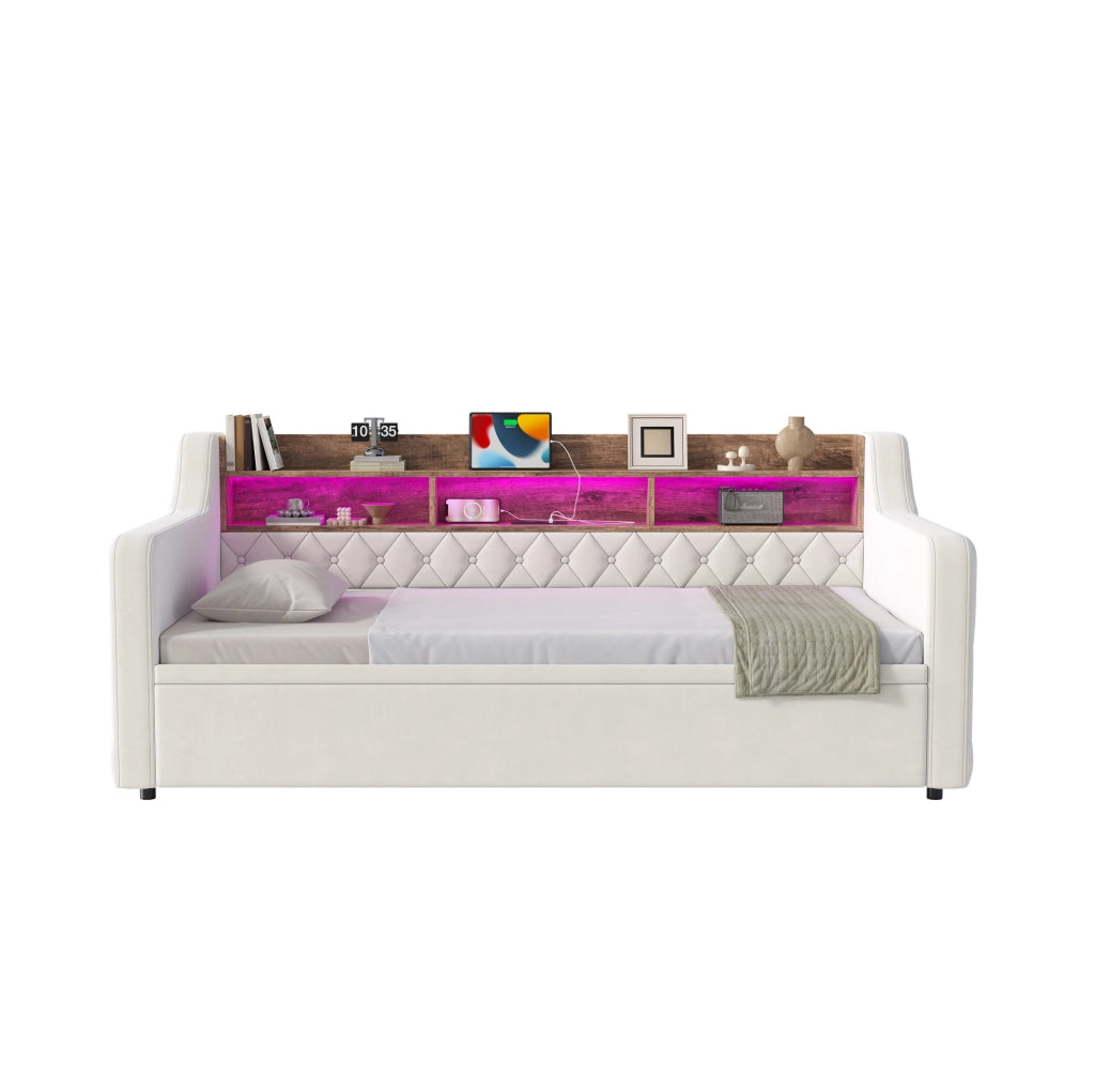 Divano letto 90x190 cm beige in velluto; estraibile con LED