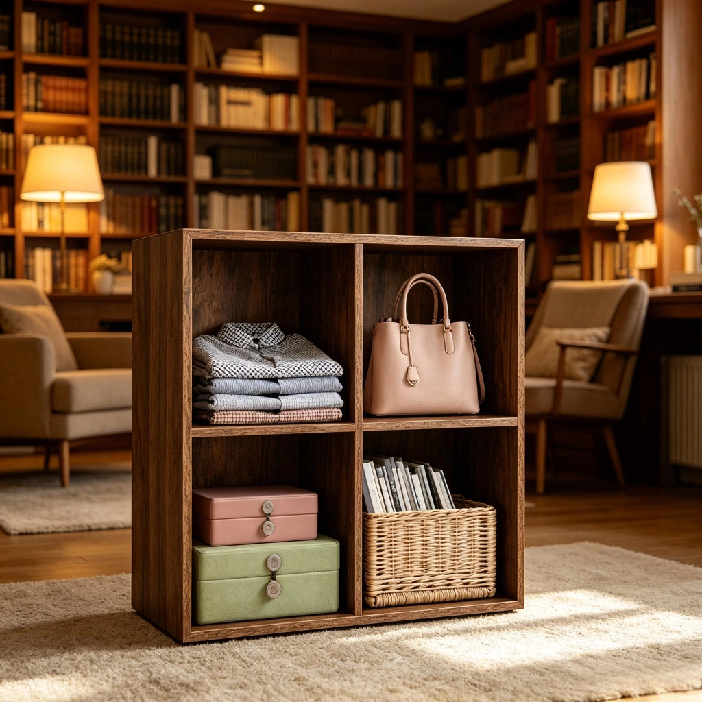 Libreria a cubi aperta 4 vani in legno ingegnerizzato, effetto rustico, 59,6 x 59,8 x 29 cm
