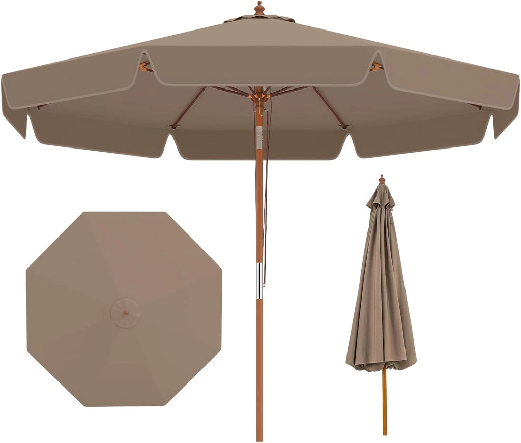 Ombrellone da Giardino 300 cm, con Inclinazione Regolabile, 8 Stecche, Ombrellone Spiaggia con Sollevamento a Carrucola, per Giardino, Spiaggia, Piscina (Marrone)