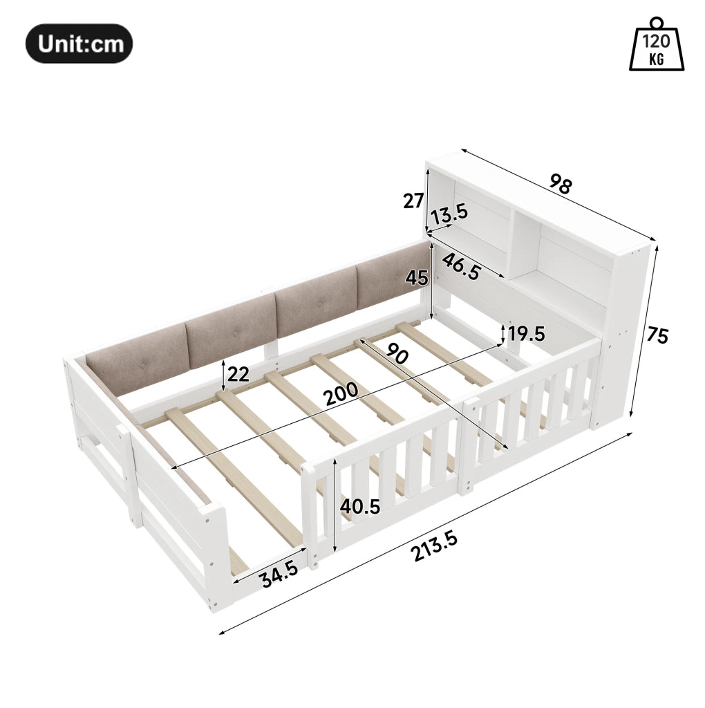 Lettino per bambini con sponde di sicurezza e testiera con contenitore; 90x200 cm; bianco