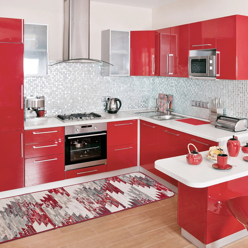Tappeto Cucina Etnico 54x140 Cm Moderno Passatoia Antiscivolo Tessuto Gobelin Lavabile Bordeaux