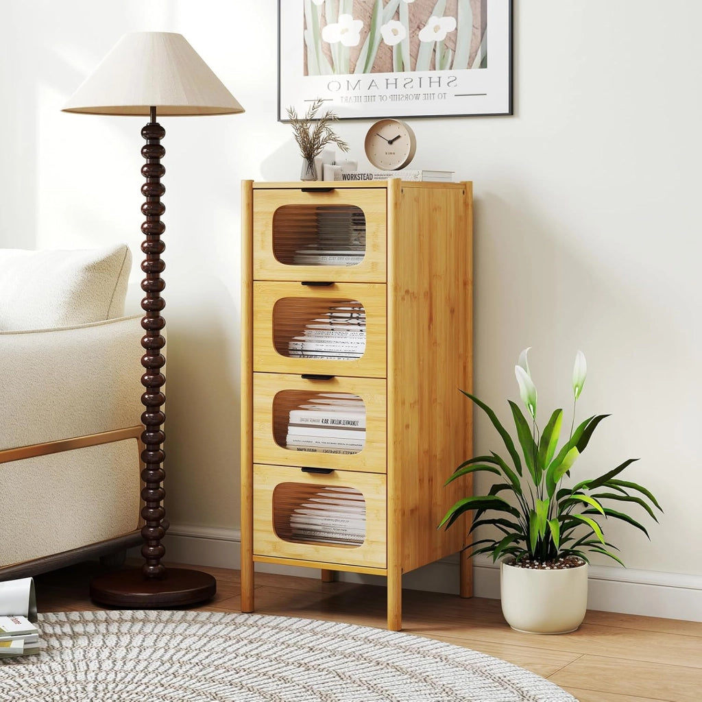 Cassettiera a 4 Cassetti 97 CM con Cassetti in Vetro Temperato Design Antiribaltamento Comodino a 4 Livelli Autoportante per Camera, Soggiorno, Ingresso, Naturale