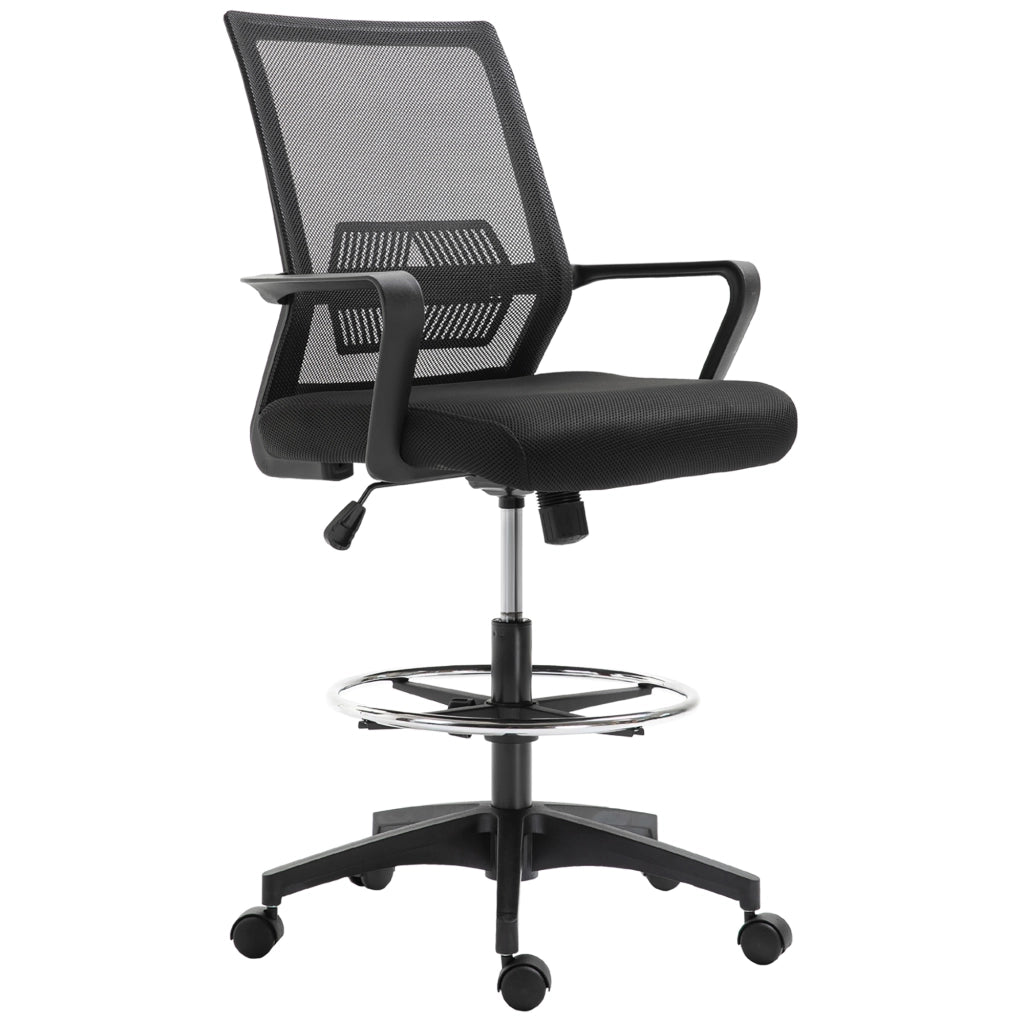Sedia da Ufficio Regolabile con Braccioli e Anello Poggiapiedi 64x59x104-124 cm in Tessuto a Rete Nero