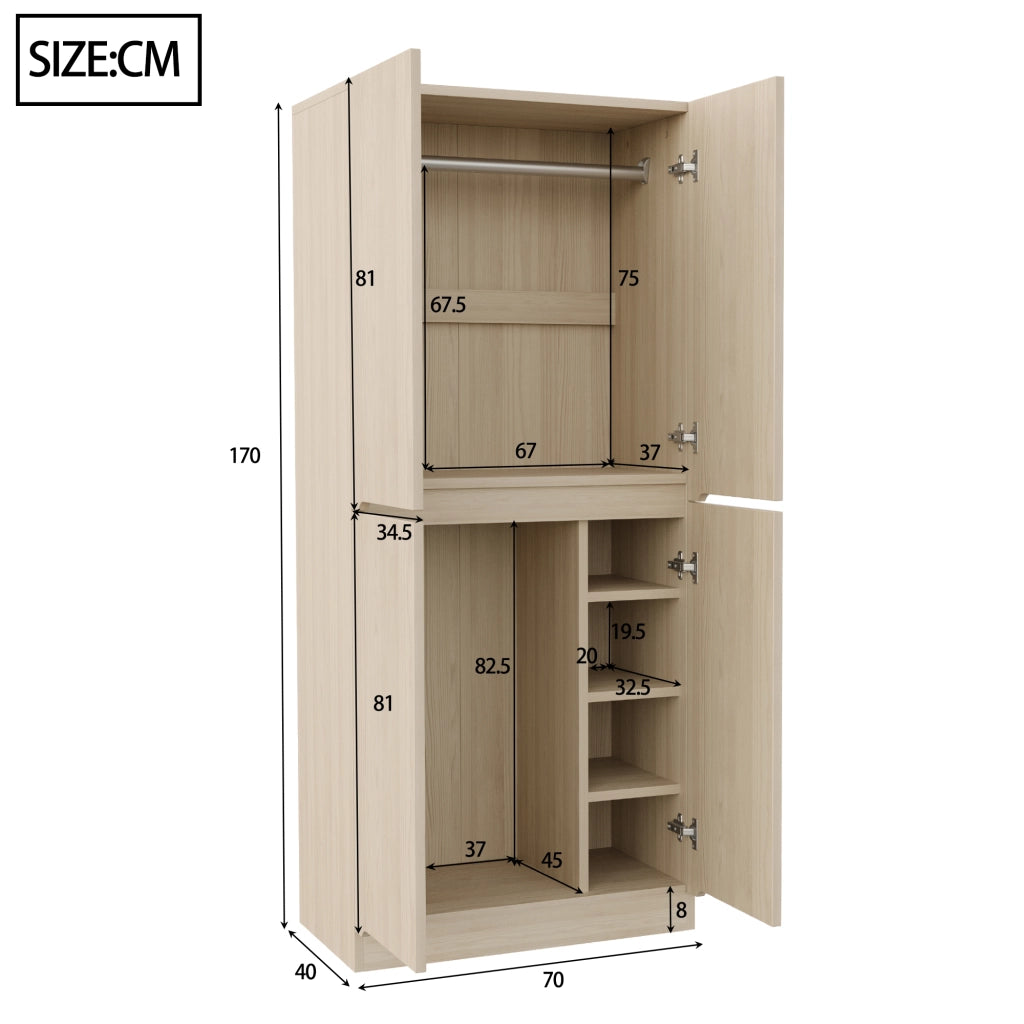 Armadio con 2 ante e vani interni per camera da letto, in legno e metallo, effetto legno naturale, 70 × 40 × 170 cm