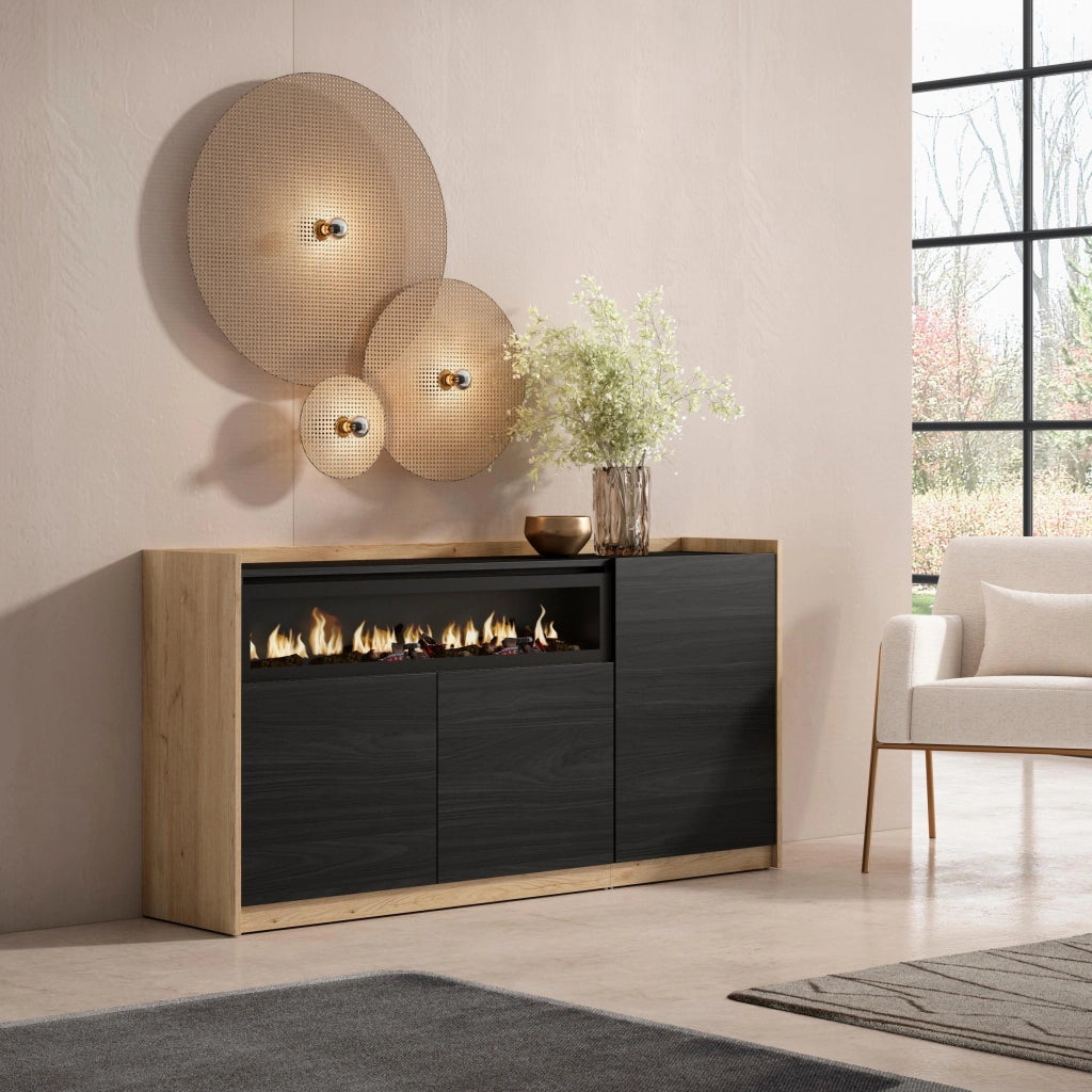 Credenza, Mobile, Cucina, 156x80x37 cm, 3 Porte, Camino elettrico, Nero e rovere