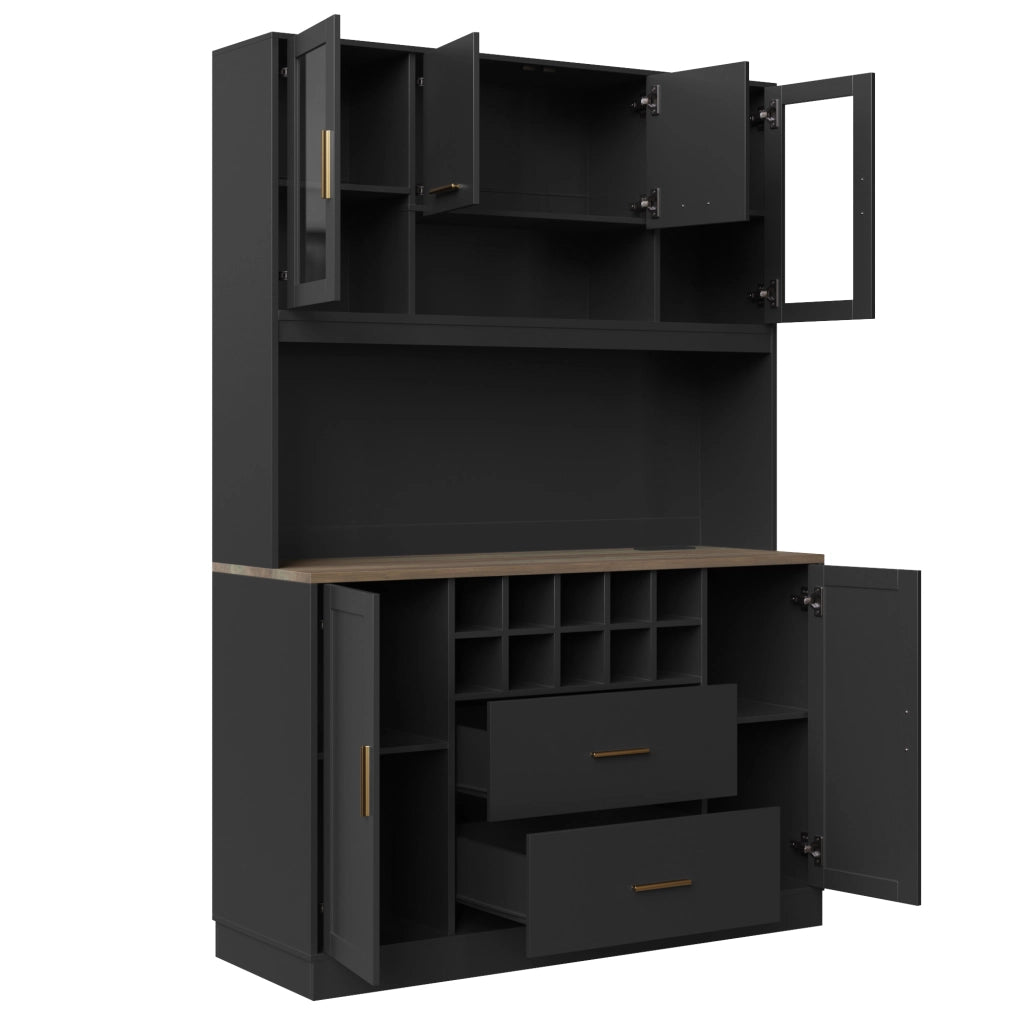 OKWISH Credenza Alta da Cucina con 6 Ante 2 Cassetti LED e Prese USB per Cucina MDF Nero 120 x 36.3 x 180 cm