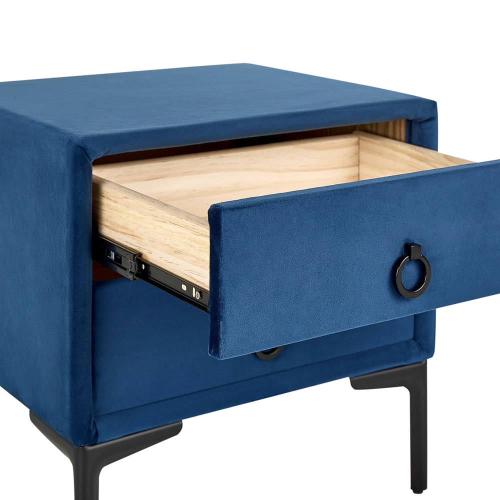 Comodino Velluto Blu Gambe in Metallo Nero con 2 Cassetti Contenitori 44x 38 cm Comodino