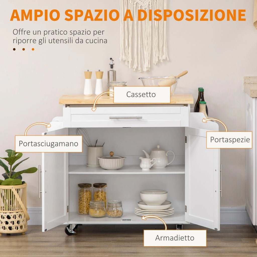 CARRELLO DA CUCINA CON CASSETTO E ARMADIETTO 109X40X89 CM BIANCO E LEGNO