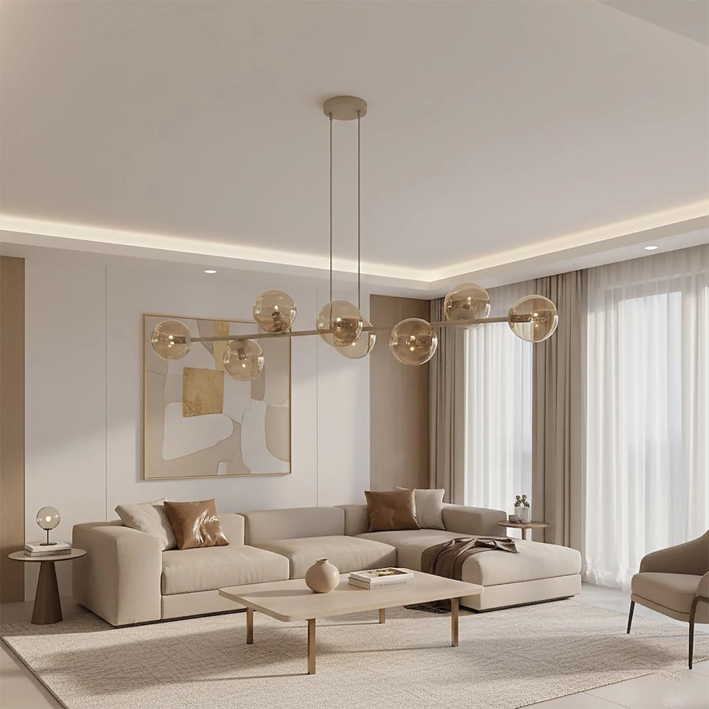 Lampada a sospensione Magnus in acciaio beige e vetro ambrato