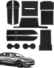 Matten Antislip per Tesla Model 3 Highland 2024-2025, 11 pezzi di gomma per console centrale, cassetto portaoggetti, contenitore per bicchieri, vano porta manubrio, tasca porta braccio, nero-bianco