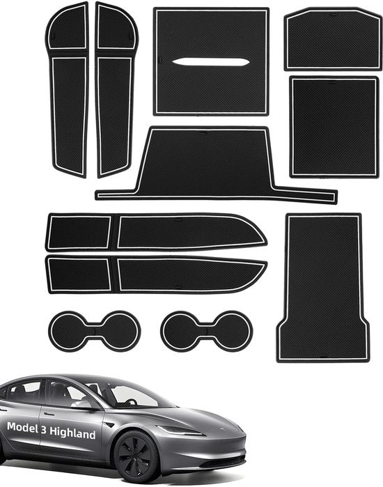 Matten Antislip per Tesla Model 3 Highland 2024-2025, 11 pezzi di gomma per console centrale, cassetto portaoggetti, contenitore per bicchieri, vano porta manubrio, tasca porta braccio, nero-bianco