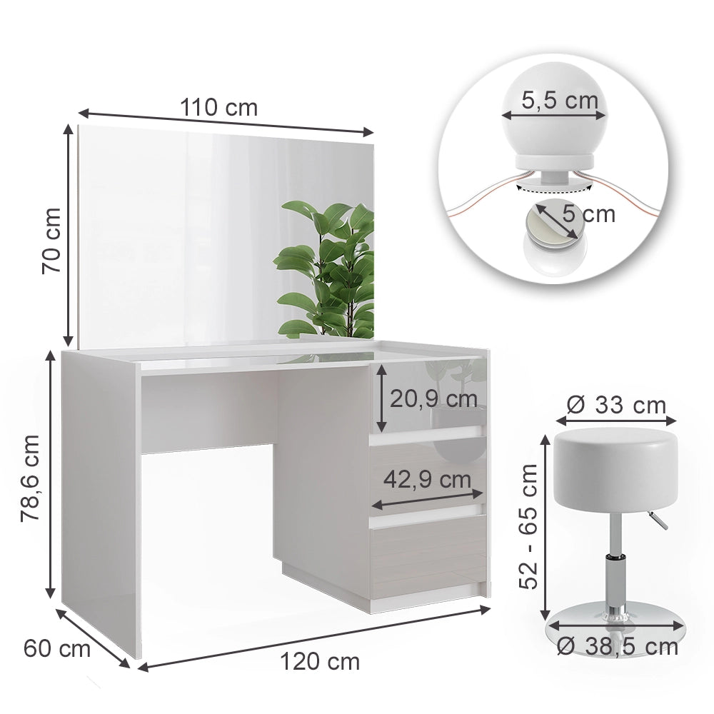 Vicco Tavolo da toilette Bianco lucido 120 cm con specchio, sgabello, luci fiabesche a LED