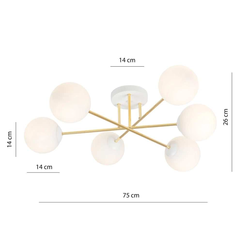 Plafoniera Moderna Magnium 6 Luci In Acciao Oro E Sfere In Vetro Bianco