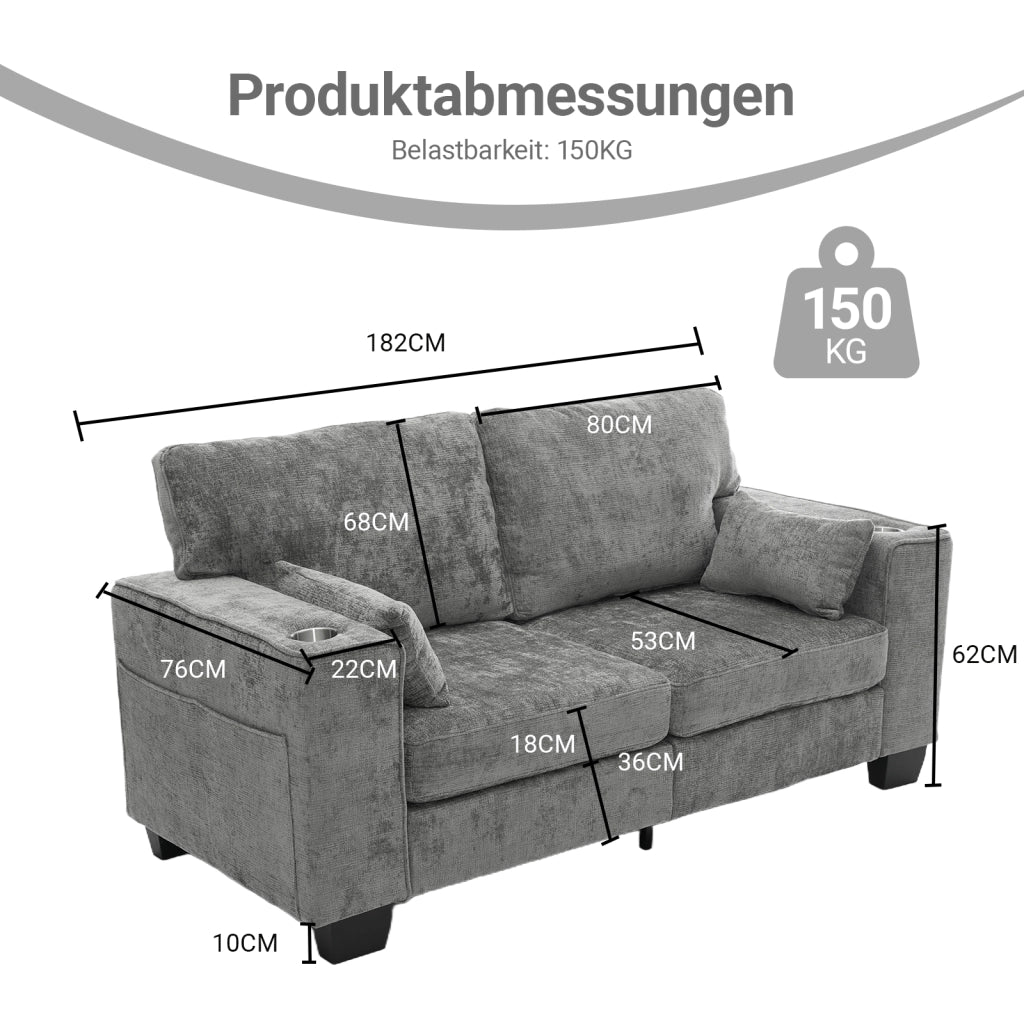 Divano a 2 posti con portabicchieri e tasche laterali in tessuto chenille grigio scuro per soggiorno 182 cm