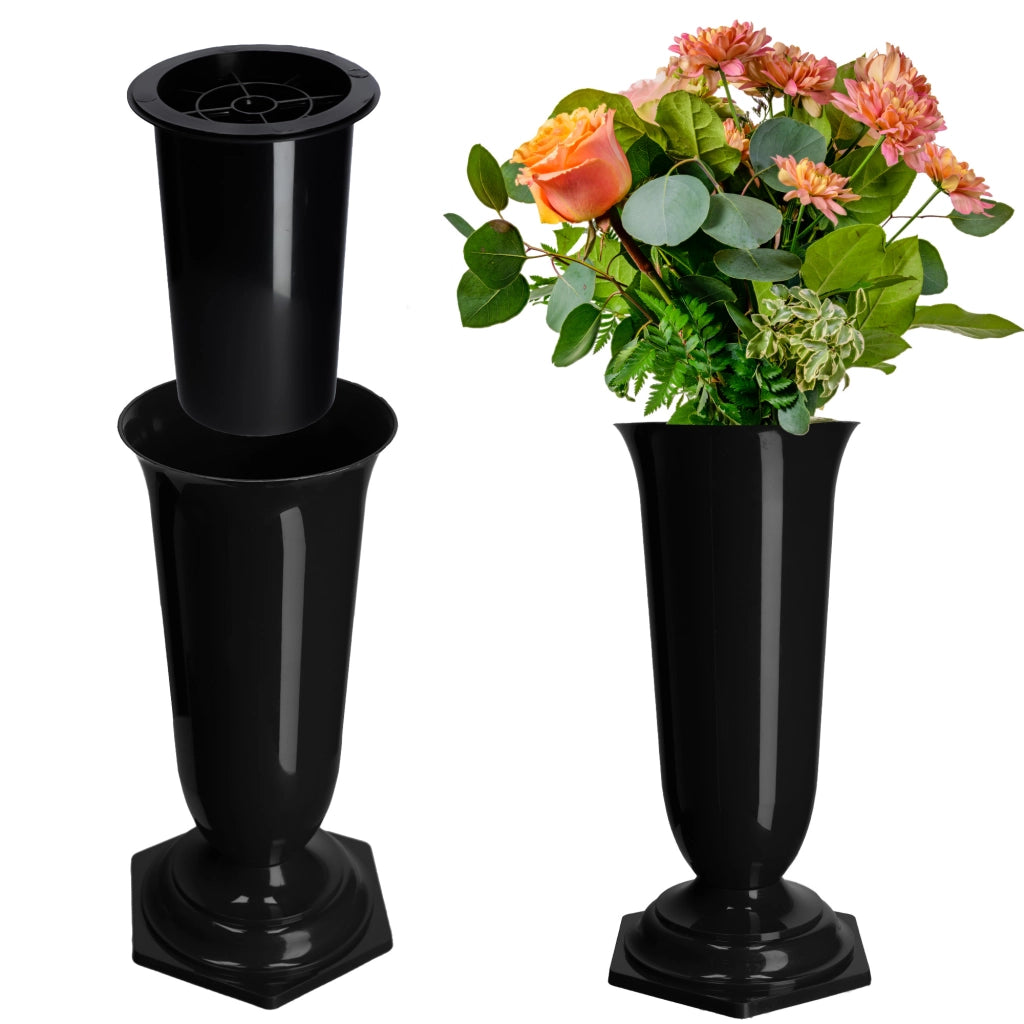 Vaso/bottiglia KADAX per cimitero, tomba, lapide, in plastica nera, 29 cm, resistente al gelo.