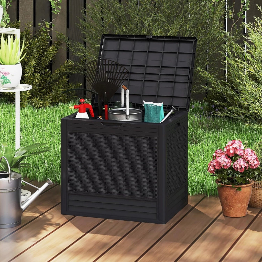 Contenitore da 96L, Scatola da Terrazza in PP Impermeabile per Uso Interno ed Esterno, Contenitore con Design in Rattan Chiudibile a Chiave per Consegna Pacchi (Marrone)
